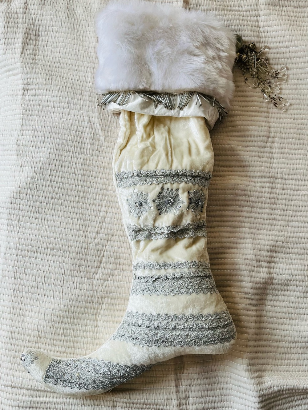 Luxury Cream & Silver Festive Christmas Stocking - Plush Trim